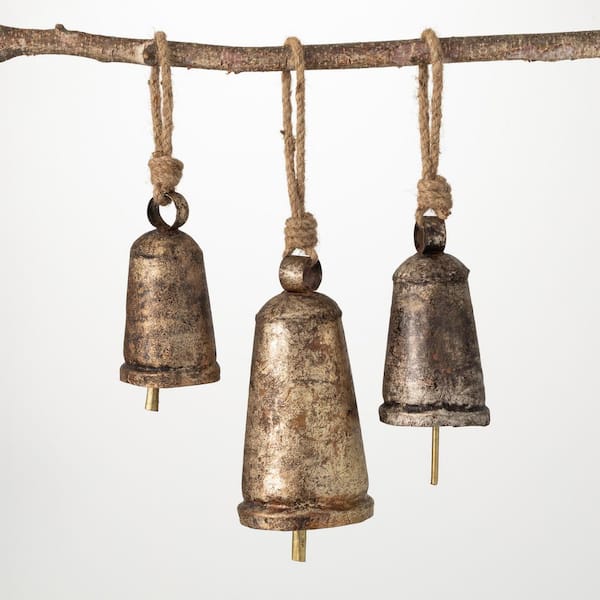 SULLIVANS 9 in. 7.5 in. and 5.5 in. Metal and Rope Bell Ornaments - Set of 3, Gold Christmas Ornaments