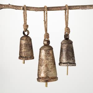 9 in. 7.5 in. and 5.5 in. Metal and Rope Bell Ornaments - Set of 3, Gold Christmas Ornaments