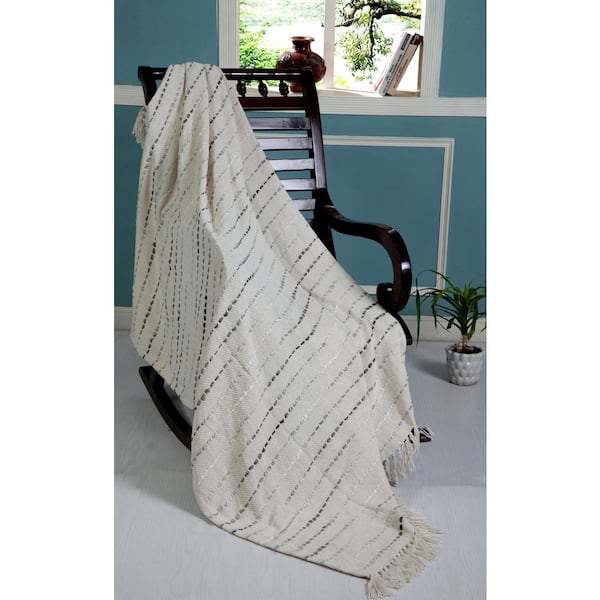 Unbranded Jasmine Gray / Cream 50 in. x 60 in. Stripe Woven Fringe Decorative Throw Blanket