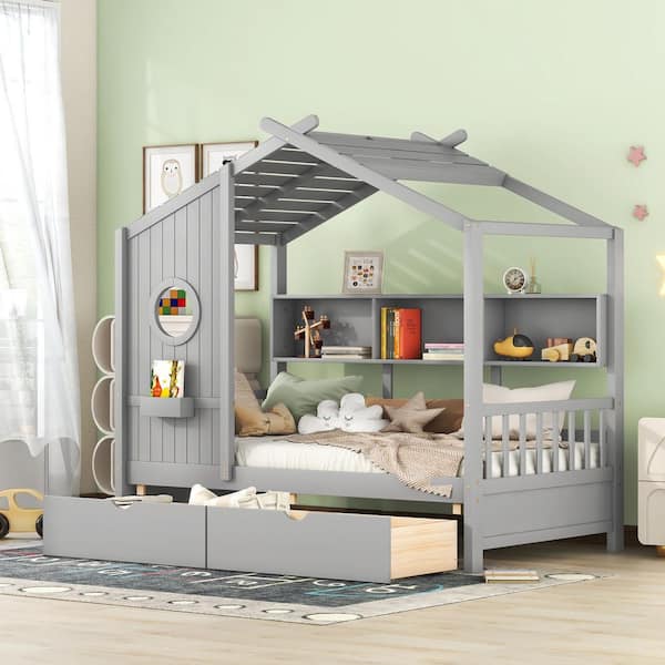 Saxton Gray Twin Size Wooden Kids House Bed with 2-Drawers, Platform Bed with Storage Shelf