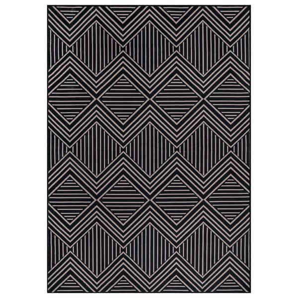 Chevron Diamond Machine Washable Polyester Non-Slip Backing 8 ft. x 10 ft. Black Area Rug