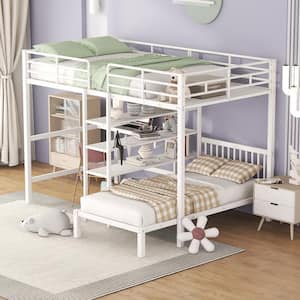 White Full over Twin Metal Bunk Bed with Built-in Shelves, Ladder and Desk
