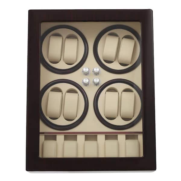 15.8 in. x 12.6 in. x 12.6 in. Dark Brown Wood Beige Lining Watch Box 4 Modes Watch Winder with LED Light and Lock