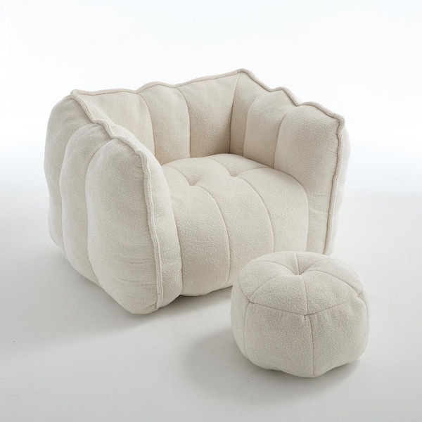 Beige Polyester Boucle Comfort Lounger High Back Bean Bag Chair for Adults and Kids