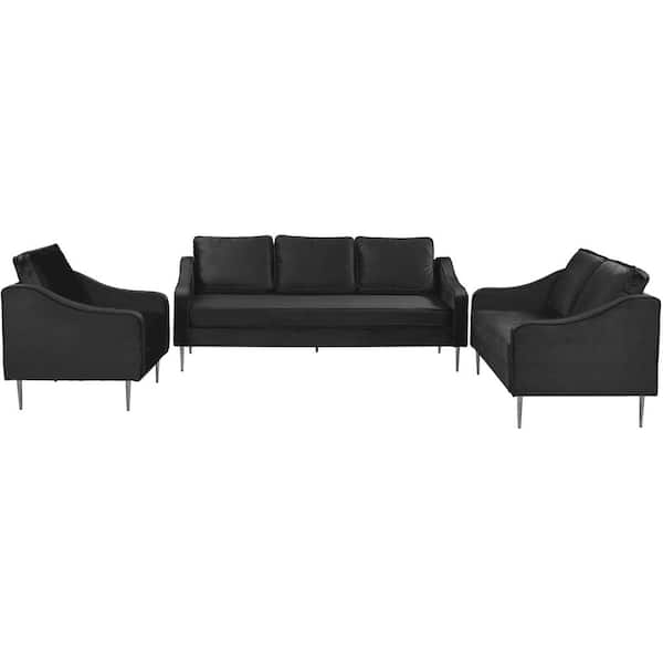 Unbranded Modern 76.4 in. W Slope Arm Velvet Upholstery Straight Sofa Set with Removable Backrest in Black
