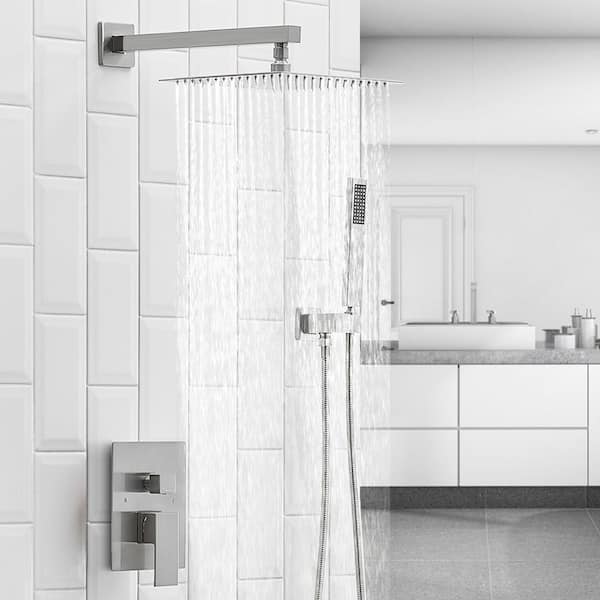 Single Handle 2-Spray 12" Rainfall Shower Faucet Fixture Combo Set 2.5 GPM Shower System with Handheld in Brushed Nickel