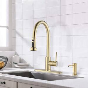 Single Handle Gooseneck Pull Down Sprayer Kitchen Faucet with Deckplate Included and Soap Dispenser in Brushed Gold