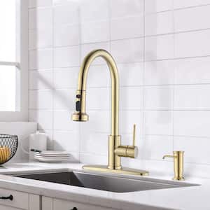 Single Handle Deck Mount Gooseneck Pull Down Sprayer Kitchen Faucet with Deckplate and Soap Dispenser in Brushed Gold