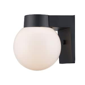 7 in. Black Outdoor Hardwired Wall Lantern Sconce with White Glass