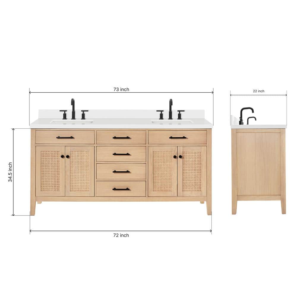 Camila 73'' Light Brown Double Sink Freestanding Vanity with White Quartz Top