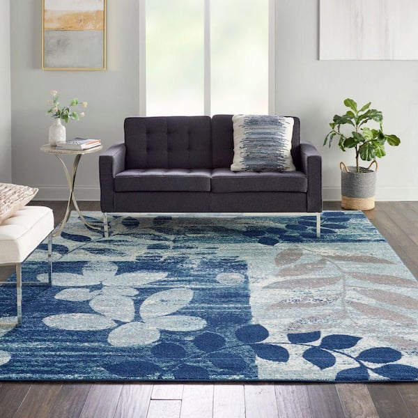 Tranquil Navy/Light Blue 9 ft. x 12 ft. Floral Contemporary Area Rug