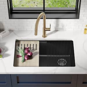 Bellucci Black Granite Composite 30 in. Single Bowl Undermount Workstation Kitchen Sink with Accessories