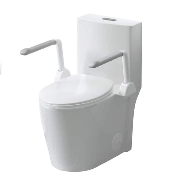 1/1.6 GPF Tornado Flush Elongated 1-Piece Toilet in Glossy White With Armrest, Siphonic S-trap 12" and Soft Close Seat