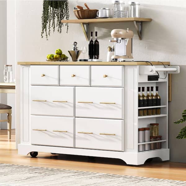 FAMYYT Rolling White Drop Leaf Wood Countertop 51 in. Kitchen Island Cart with Pull Out Trash Can Storage, Power Outlet