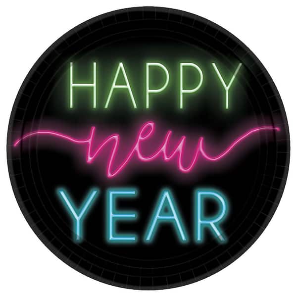 Amscan 10.5 in. Round Glow Black New Year's Paper Plates (2-Pack)