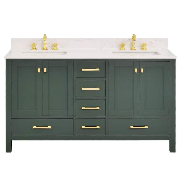 Glamour Aura 60 in. W Double Sink Forest Green Bath Vanity with White Engineered Stone Top