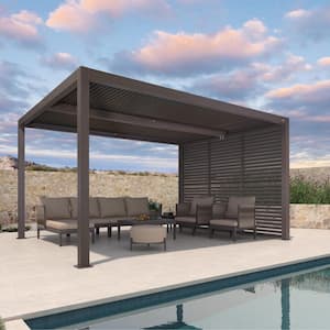 12 ft. x 14 ft. Bronze Aluminum Louvered Pergola with 2 Adjustable Sunshade Roofs and 1-Short Side Fixed Shutter Wall