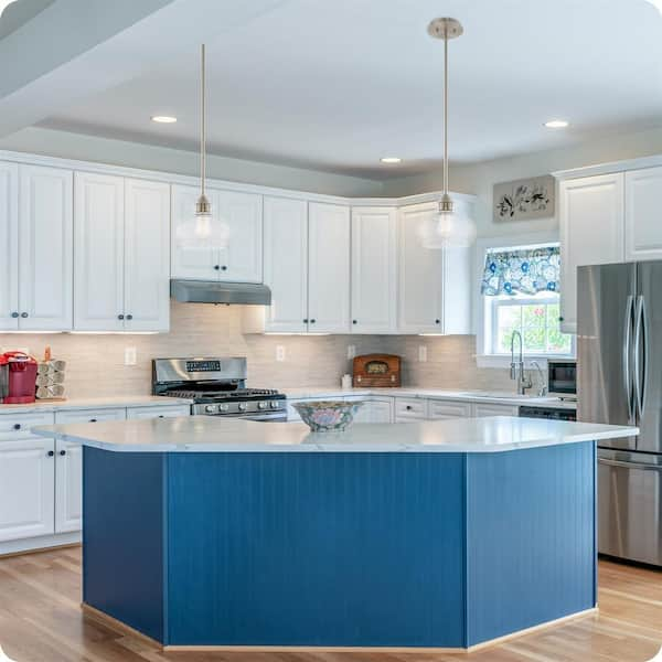 Aqua Blue Plank Kitchen Island with Three Pendants - Transitional