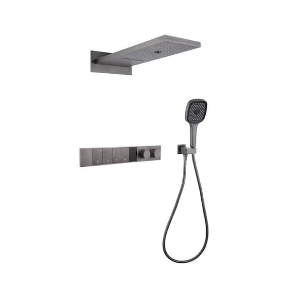 Dual Handle 2-Spray Thermostatic Shower Wall Mounting Fixed and Handheld Shower Head 4. 62GPM in Gray