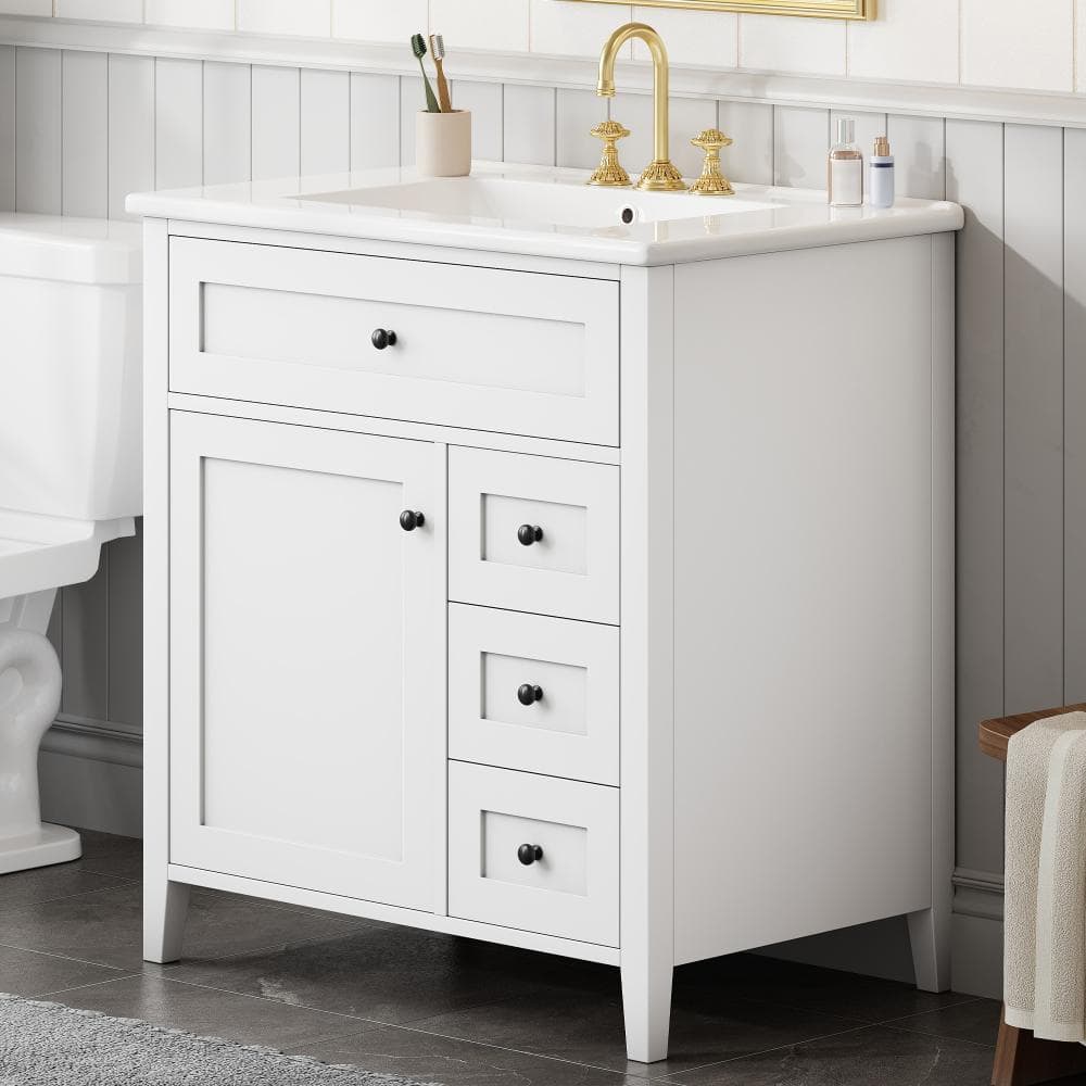 30 in. Single Sink Freestanding White Bath Vanity with White Ceramic Top, Rubberwood Solid Wood Frame price history on PriceWatchPro