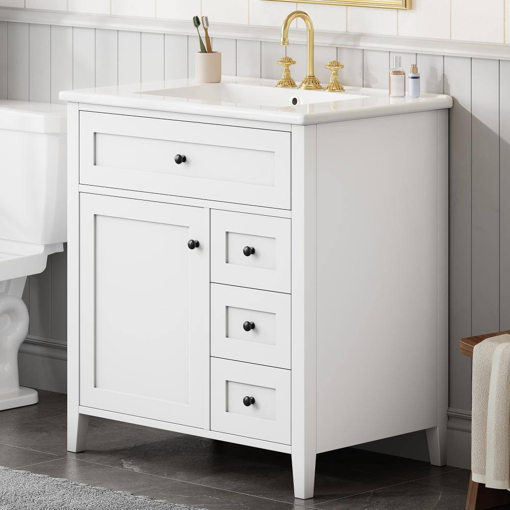 30 in. Single Sink Freestanding White Bath Vanity with White Ceramic Top, Adjustable Shelf, 3 Drawers and 1 Door price history on PriceWatchPro