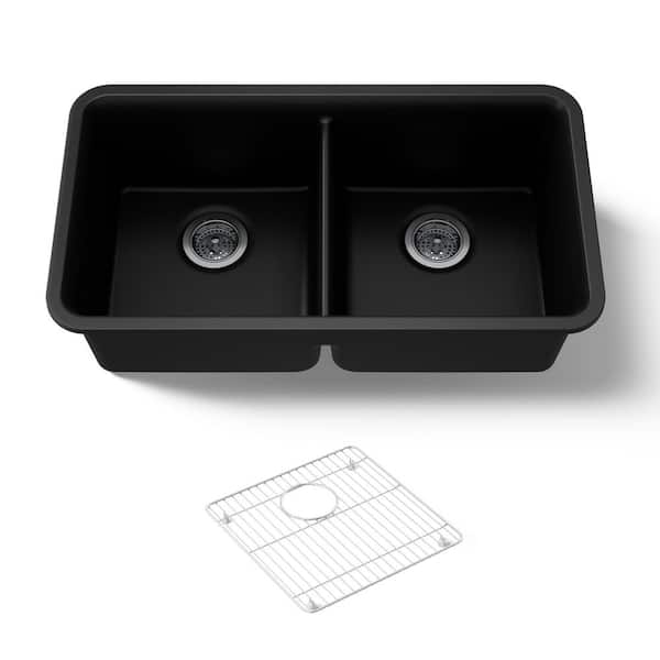KOHLER Cairn Undermount Neoroc Granite Composite 33.5 in. Double Bowl Kitchen Sink in Matte Black with Basin Rack