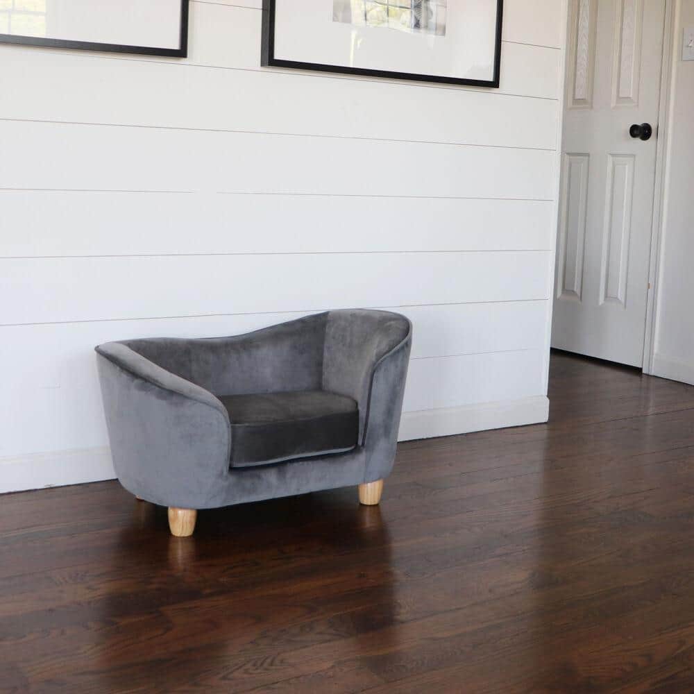 Small Gray Faux-Velvet Elevated Oval Pet Bed with Wood Legs