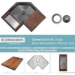 Black 16 Gauge stainless Steel 30 in Single Bowl Corner Undermount Workstation Kitchen Sink with Accessories