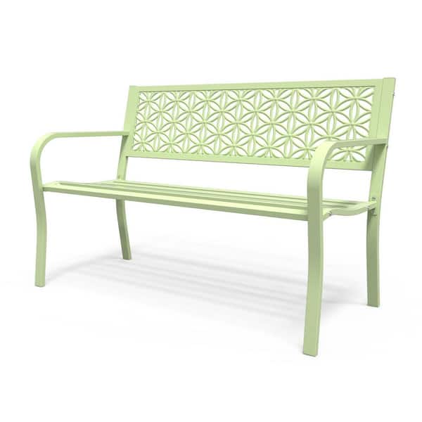 50 in. 2-3 Person Green Metal Outdoor Bench with Floral Back Weatherproof Anti-Rust Garden Bench for Porch Entryway Park