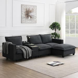 109 in. Square Arm Chenille L-Shape Sectional Sofa in Gray with Ottoman, Console, USB Charging, Light, Cup Holders