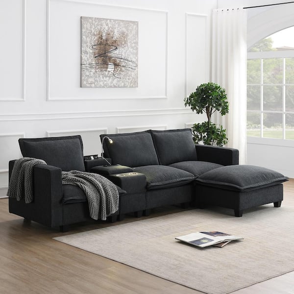 Harper & Bright Designs 109 in. Square Arm Chenille L-Shape Sectional Sofa in Gray with Ottoman, Console, USB Charging, Light, Cup Holders