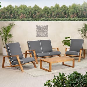 Paloma Teak Brown 4-Piece Wood Outdoor Patio Conversation Seating Set with Dark Grey Cushions