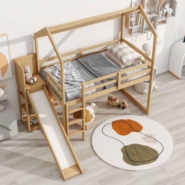 Polibi Twin Size Wood House Loft bed with Slide, Storage shelves and Light, Climbing Ramp, Wood Color