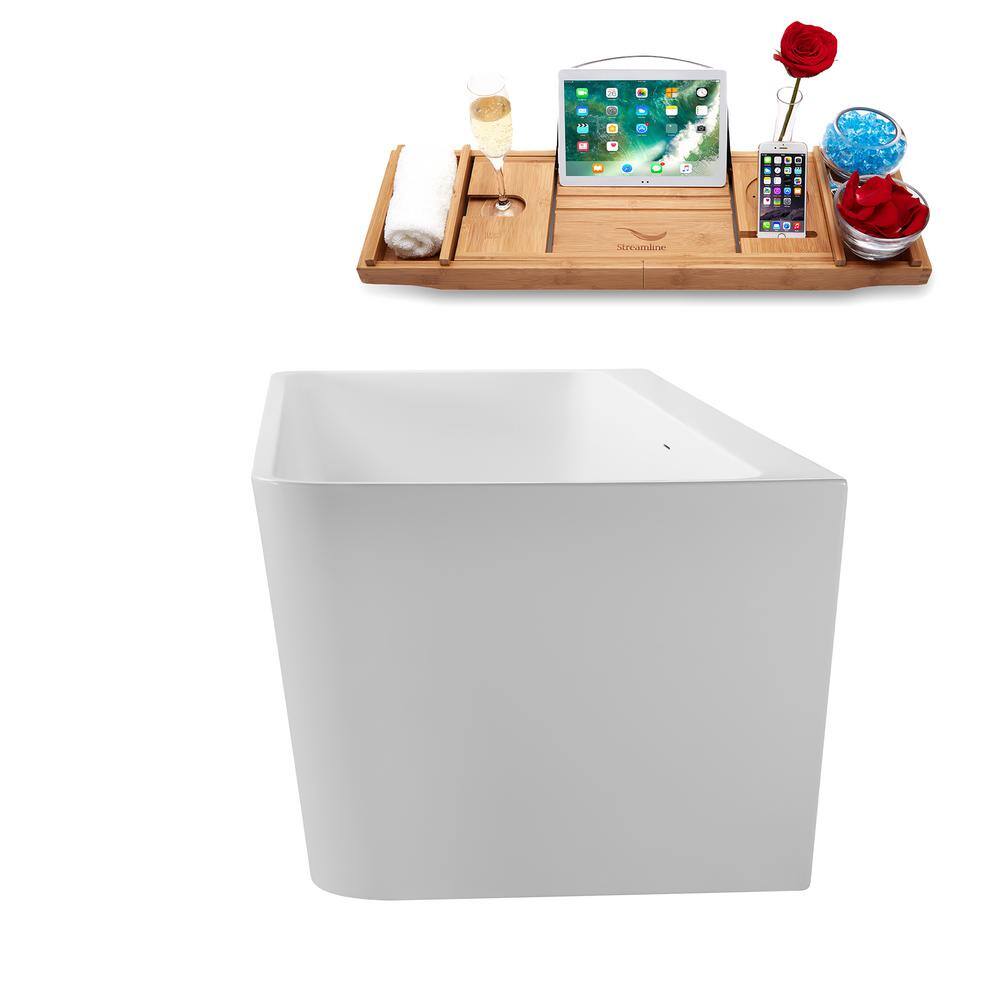 67" Glossy White Acrylic Freestanding Soaking Tub with Bamboo Tray
