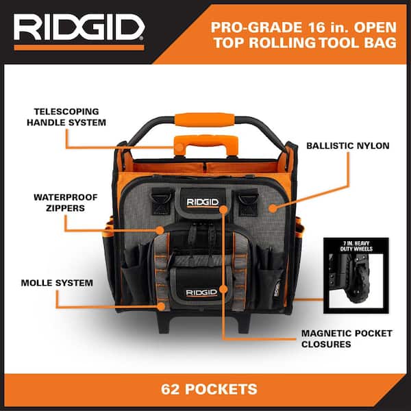Ridgid 30 in. 35 Pocket Professional Grade Tool Bucket Bag, Orange/Black/Gray