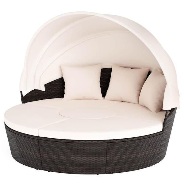 Patio Round Daybed PE Rattan Cushioned Sectional Seating with Retractable Canopy Outdoor