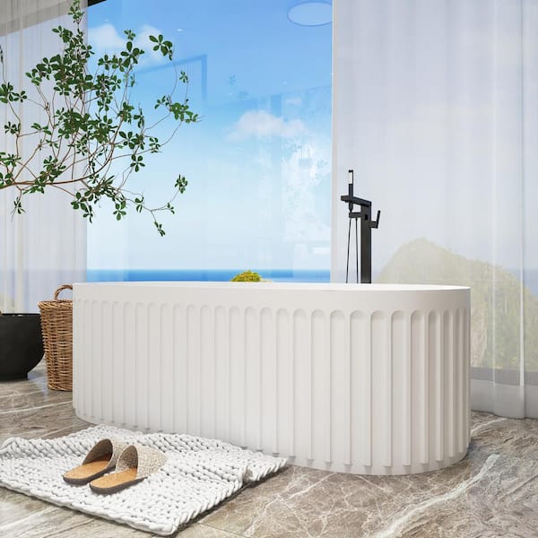 Unbranded 67 in. x 30 in. Contemporary Stone Resin Flatbottom Freestanding Soaking Bathtub with Overflow in Matte White