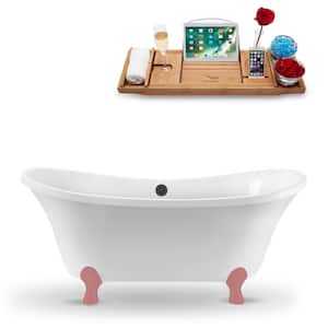 60 in. x 32 in. Acrylic Clawfoot Soaking Bathtub in Glossy White with Matte Pink Clawfeet and Brushed Gun Metal Drain