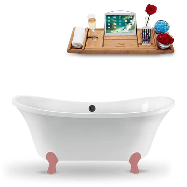 Streamline 60 in. x 32 in. Acrylic Clawfoot Soaking Bathtub in Glossy White with Matte Pink Clawfeet and Brushed Gun Metal Drain