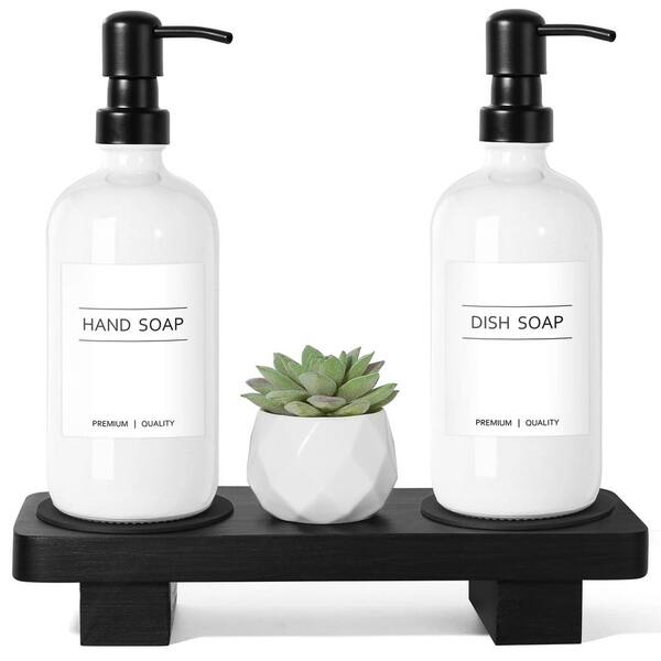 Kitchen Soap Dispenser Set with Wood Riser Tray, Glass Soap Dispenser with Stainless Steel Pump, White