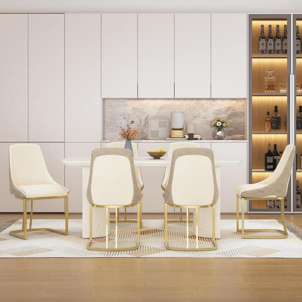 Boyel Living 7-Piece White MDF Counter Top Dining Table Set Seats 6 (1 Table & 6 PU Modern Dining Chairs in Beige)