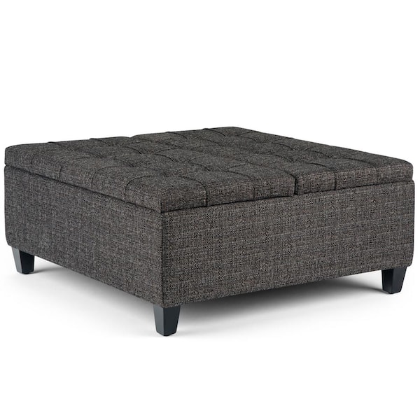 Simpli Home Harrison 36 in. Wide Transitional Square Coffee Table Storage Ottoman in Ebony Tweed Look Fabric