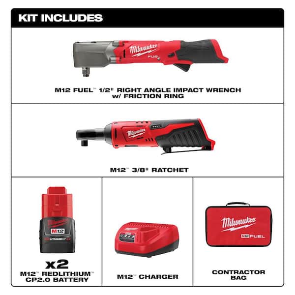 M12 FUEL 12V Lithium-Ion Brushless Cordless 1/2 in Right Angle Impact Wrench Kit w Two 2.0 Ah Batteries & 1/2 in Ratchet