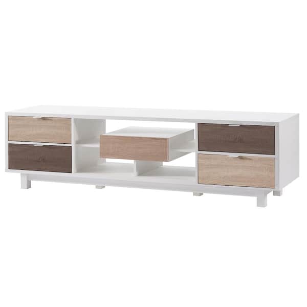 Furniture of America Releine 71 in. White Particle Board TV Stand with 5-Drawer Fits TVs Up to 80 in. with Built-In Storage