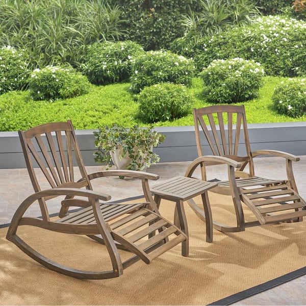 Alice Grey 3-Piece Wood Outdoor Rocking Chairs Patio Conversation Seating Set