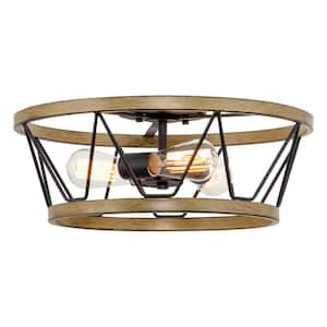 Sterling 17 in. 60-Watt 3-Light Black Farmhouse Flush Mount with Smoked Birch Wood Style Shade, No Bulb Included