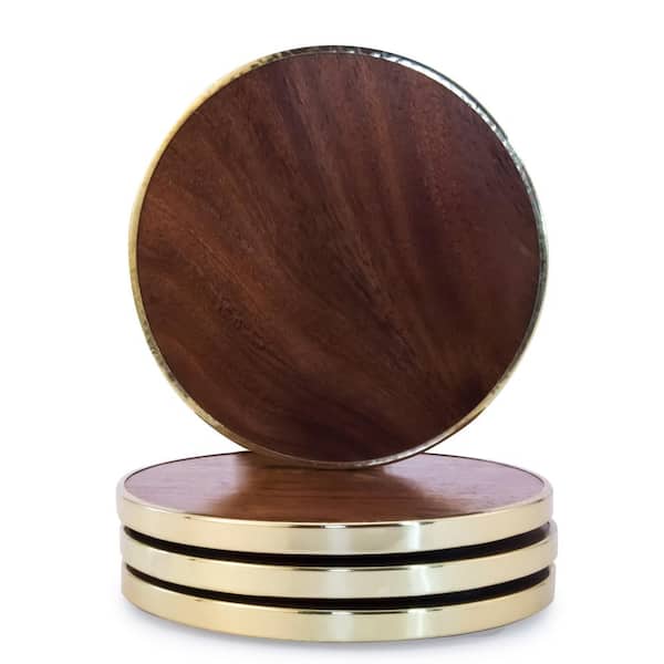  Acacia Wood 4-Piece Coaster Set in Metal Stand