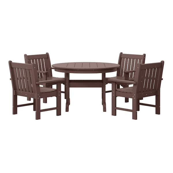 Laguna 5-Piece Outdoor Patio Poly Plastic Fade Resistant Garden Arm Chair & Round Trestle Table Dining Set in Dark Brown