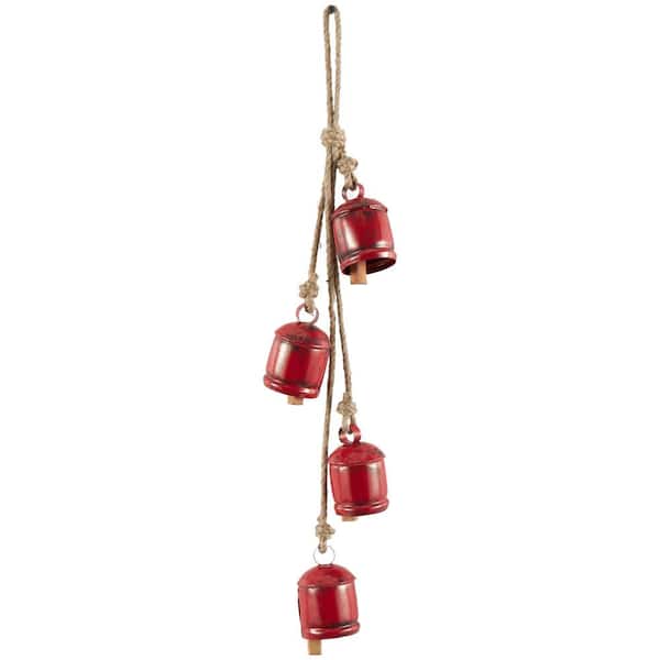 Litton Lane Red Metal Tibetan Inspired Cylindrical Decorative Cow Bells  with 4 Bells on Jute Hanging Rope 045265 - The Home Depot