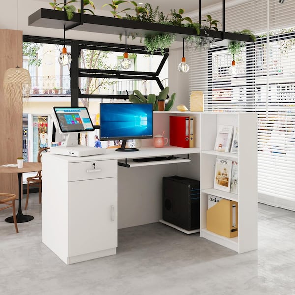 FUFU&GAGA 55.1 in. W x 43.3 in. H White Wooden L-Shaped Reception Desk, Computer Desk with 5-Shelves, A Drawer and A Keyboard
